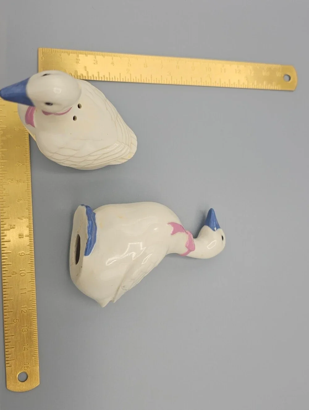 Vintage Ceramic Goose Salt and Pepper Shakers with Pink Bow and Blue Beak